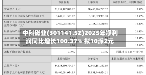 中科磁业(301141.SZ)2025年净利润同比增长100.37% 拟10派2元