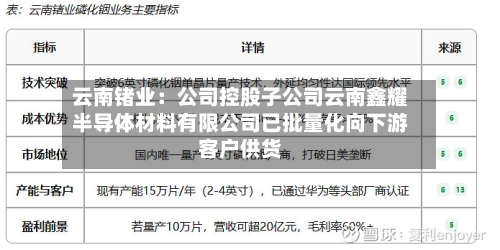 云南锗业：公司控股子公司云南鑫耀半导体材料有限公司已批量化向下游客户供货